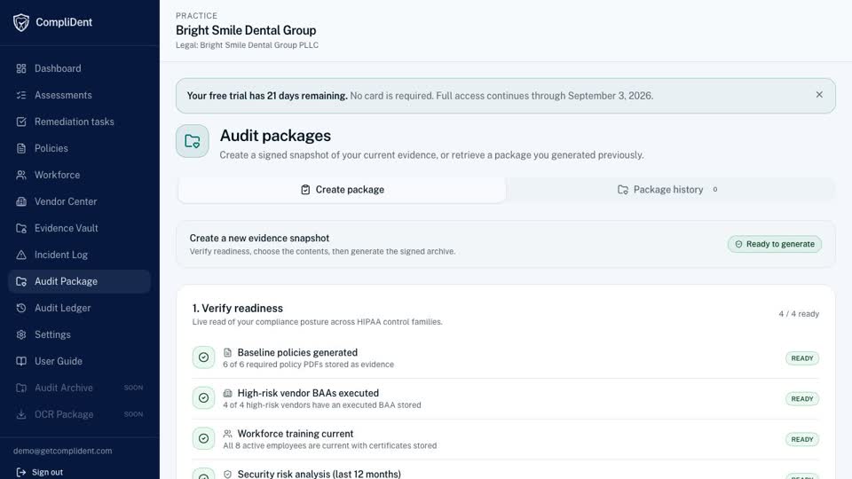 CompliDent audit package readiness screen